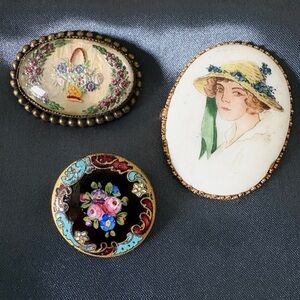 Victorian Floral Portrait Brooches Set of Three